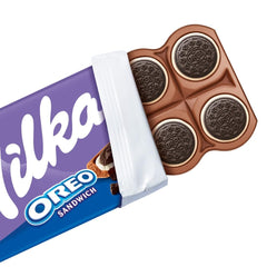 Milka Oreo Sandwich – Alpine milk chocolate, filled with crunchy pieces of Oreo cookies and smooth vanilla cream – 92g
