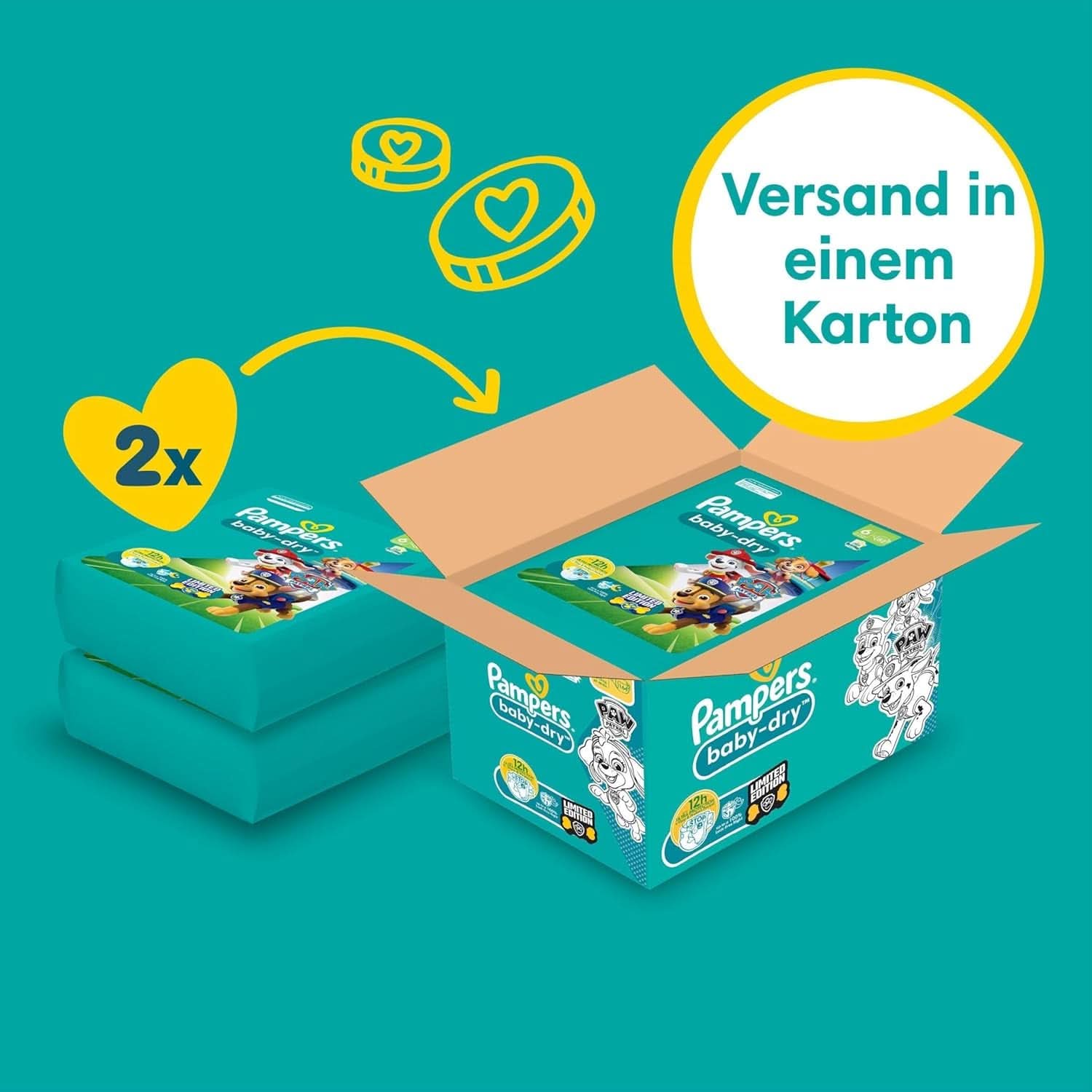 Pampers Paw Patrol (Baby-Dry), scutece mărimea 6 (13Kg-18Kg), ediție limitată, 164 de scutece, protecție completă împotriva scurgerilor până la 12H Mama si Copilul Naty Shop