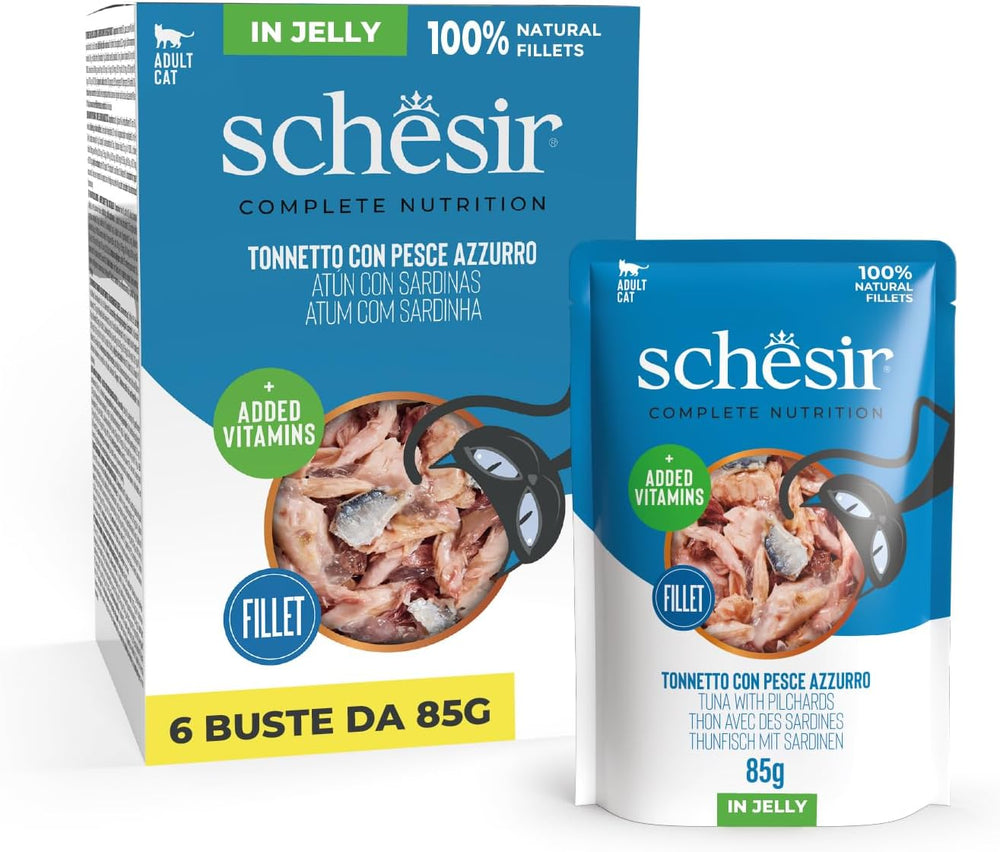 , Thunfisch mit blauem Fisch in Gelee, komplettes Nassfutter für Katzen, im Beutel, mit zusätzlichen Vitaminen, 100% natürlich, 6 x 85 g