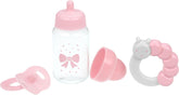 JC Toys- Set de 3 accesorios para muñecas (biberón, chupete y sonajero), rosa y Blanco, se adapta a todas las muñecas de Hasta 50 cm, +2 años
