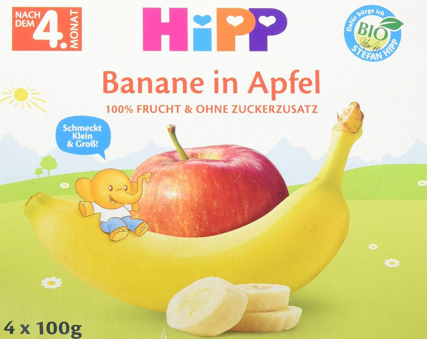 Hipp Fructe organice, Banane în piure de mere, pachet de 6 (6 x 400 g) Mama si Copilul Naty Shop 4 x 100 grame Banane