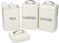 KitchenCraft Living Nostalgia set de 3 borcane de depozitare pentru ceai, zahăr și cafea, în cutie cadou, oțel, Antique Cream , 11 cm x 11 cm x 17 cm, Vintage Blue Cutii depozitare alimente Naty Shop