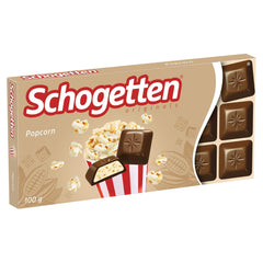 Schogetten popcorn 1 chocolate bar x 100g, milk chocolate with popcorn and pieces of corn, practical individual pieces. A delicacy. Piece by piece.