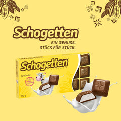 Schogetten for children, chocolate bar 100g, milk chocolate with creamy milk filling, conveniently portioned. A delicacy. Piece by piece.