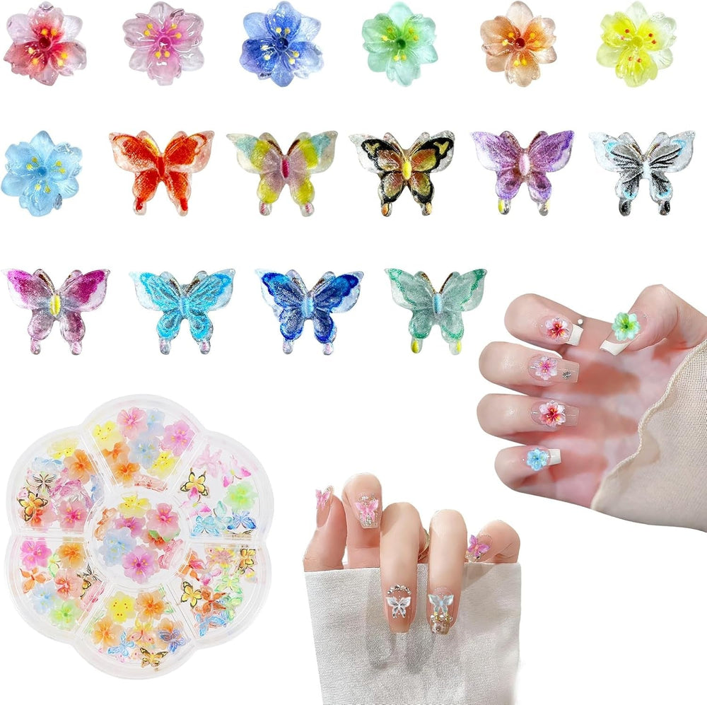 YICH Nail Charms NĂ€gel Charms 50Pcs 3D Flowers + 50Pcs 3D Schmetterling, Summer NĂ€gel Deko Set Schmetterling/Flowers Nail Art Nailart