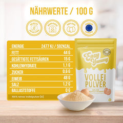EASY YUMMY - Vollei-Eipulver (1000g = 80 Eier) aus Regionalen Niederländischen Freiland-Eiern | myth 1-Ei-Messlöffel | Wiederverschließbarer Beutel, lange Haltbarkeit | Rührei, Kochen, Backen | 100% them