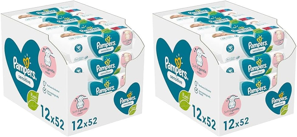 Pampers Sensitive Baby Wipes, 624 Wipes (12 x 52), Unscented, for Gentle, Gentle Cleaning (Pack of 2)