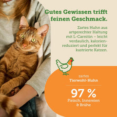 MERA Cats Nature Hrană umedă sterilizată/ușoară cu pui 12x85g | Pentru pisici sterilizate/castrate | Fără zahăr și cereale | Hrană umedă cu conținut scăzut de grăsimi, conținut ridicat de carne