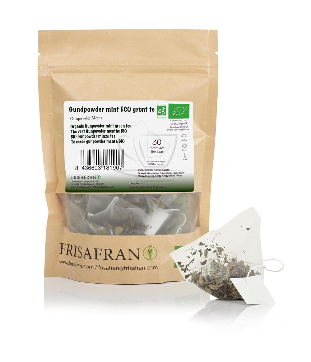 FRISAFRAN | Ceai verde organic Mint Gunpowder รฎn piramide 30 unitฤศi | 60G | Antioxidant | Ceai verde japonez | Digestiv | Bฤuturฤ rฤcoritoare | Infuzie de mentฤ | Ceai pur | Frunze de mentฤ | Cald-rece