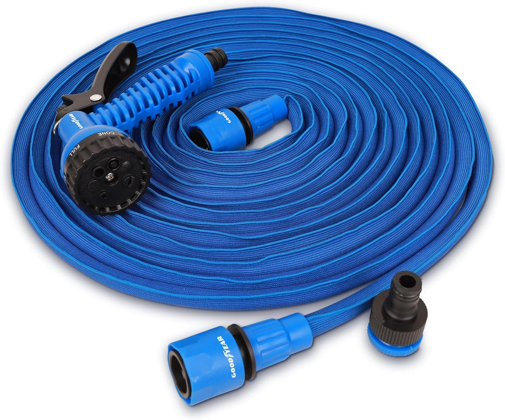 Goodyear – furtun de grădină extensibil de 30 m, flexibil, fără răsucire și ușor, cu trei straturi din latex și material textil de înaltă densitate, cuplaje rapide de ½" și ¾" + pistol de pulverizare cu 7 funcții