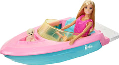 Barbie Speedboat Set, păpușă Barbie cu păr blond, vestă de salvare roz, barcă, cățel, accesorii, cadouri pentru copii cu vârsta peste 3 ani, Grg30 Papusi Naty Shop