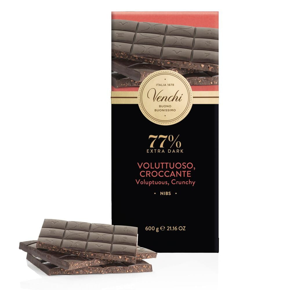 Venchi - Bar Maxi 77% Nibs, with extra dark chocolate, pieces of cocoa beans, 600 g, gluten-free, without colorings and without preservatives