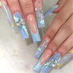 24 buc unghii artificiale albastru fluture, pÄtrate, unghii franÈuzeÈti prinse cu apÄsare, lungi, sclipici, strÄlucitoare, stras, vĂąrfuri unghii false