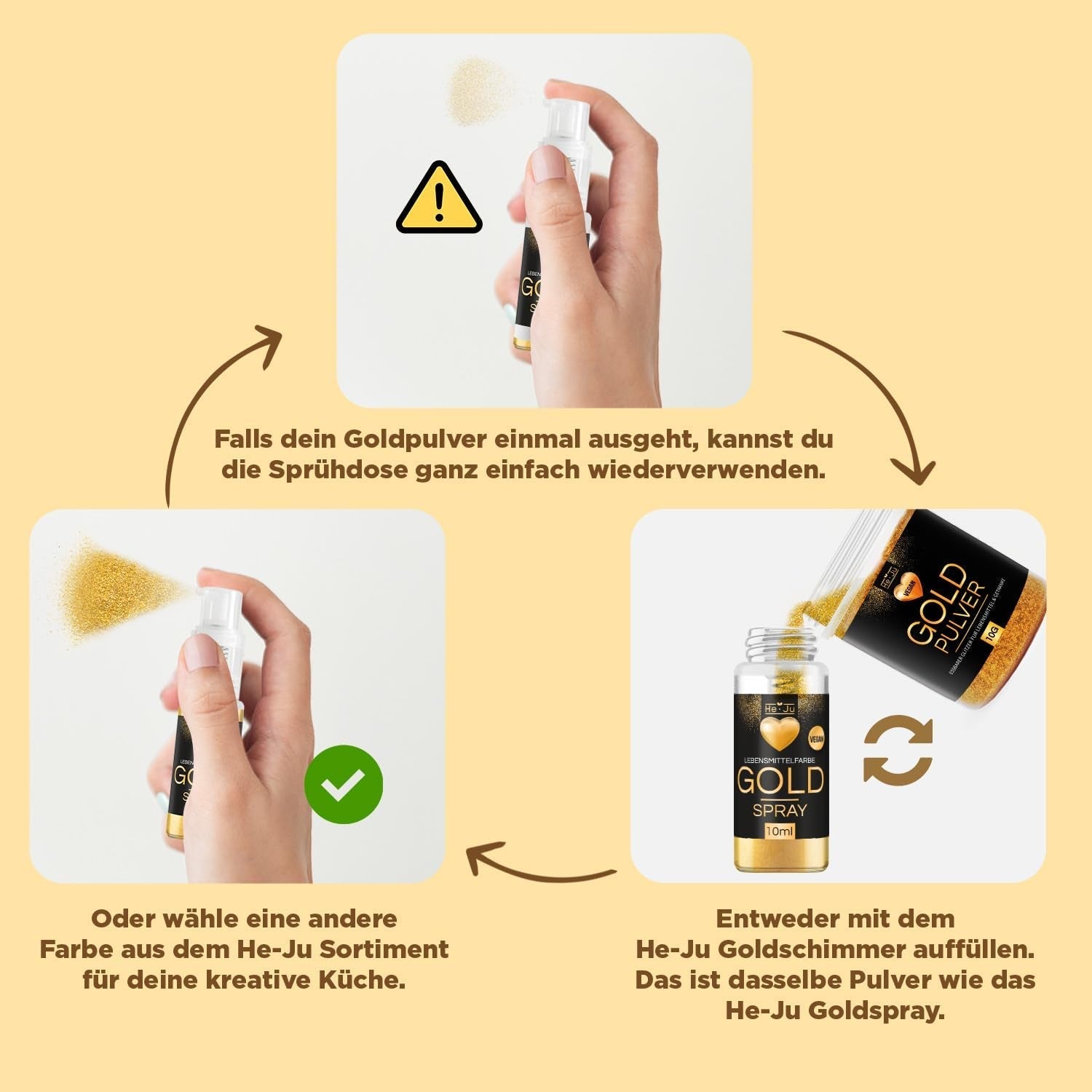 Pudră de aur comestibilă He-Ju 10g, vegană și fără E171, colorant alimentar auriu, sclipici comestibil pentru băuturi și alimente