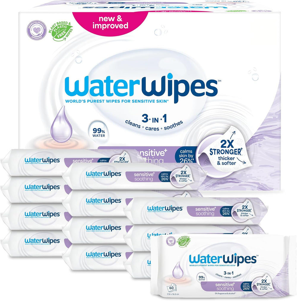 WaterWipes Sensitive+ Soothing Clean Wet Wipes, 720 Count (12 Pack), 3-in-1 Cleansing, Care and Soothing, 99% Water with Plant Extract, Fragrance Free Baby Wet Wipes