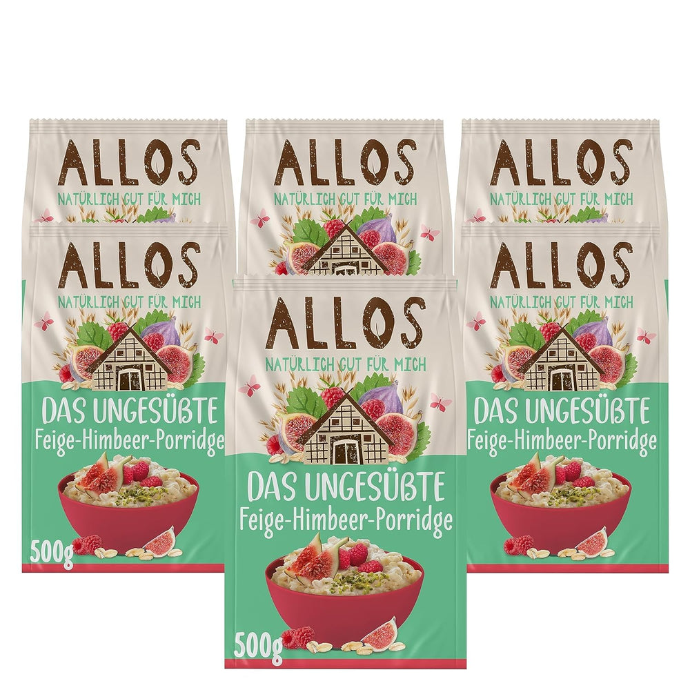 Terci de smochine și zmeură Allos neîndulcit | Terci fără zahăr | Muesli organic | Muesli cu fructe | Fulgi de ovăz | Terci de mic dejun | Cereale pentru micul dejun | Vegan | Pachet de 6 (6 x 500g)