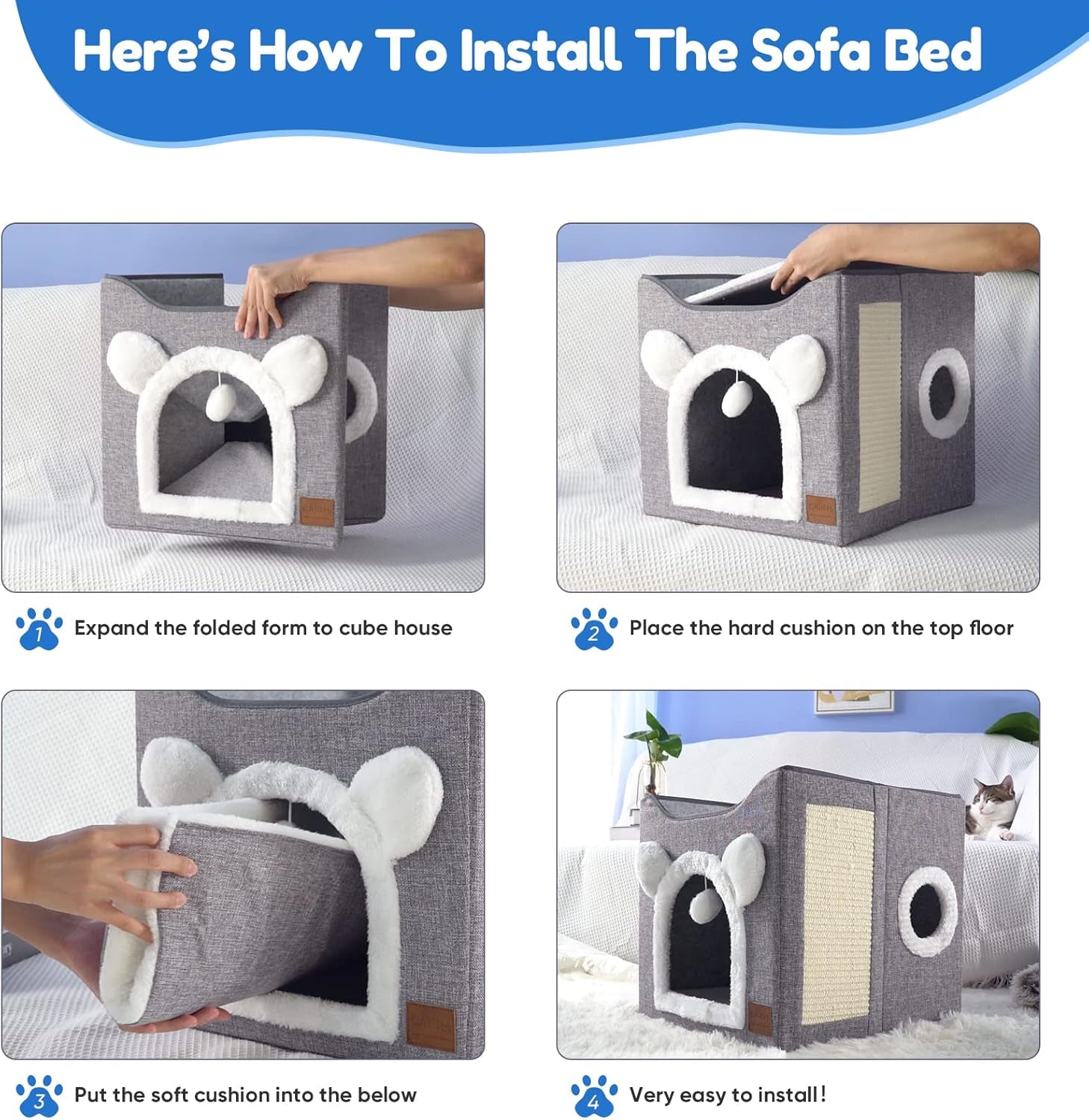 CATISM Căsuță pliabilă pentru pisici, Peșteră pentru pisici, Cub cu 2 straturi, Pat pentru pisici cu spațiu mare, cu placă de zgâriat și minge de joacă pentru animale de companie mici și medii, odihnă în interior, 40 * 40 * 35 cm, gri