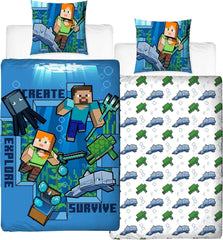 Minecraft Bedding Kinderbettwäsche Jugendbettwäsche 135X200 · Unterwasserwelt · Wende Motiv · Kissenbezug 80X80 + Bettbezug 135X200 Cm · 100% Baumwolle · Deutsche Größe Naty Shop