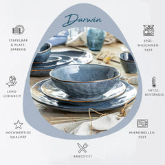 SÄNGER | Set de veselă Darwin cu 12 piese, set de veselă din gresie pentru 4 persoane, set de farfurii albastre care include farfurii de cină, farfurii de desert și farfurii de supă, set de veselă lucrat manual | COLECȚIA PREMIUM