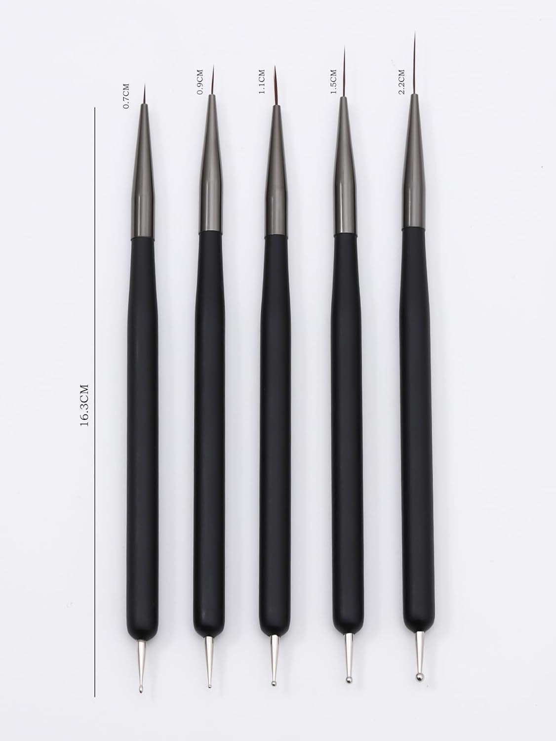 Nagelkunst-Pinsel, 5 Stück, Nailart-Pinsel, Punktierstift-Werkzeuge, Malkunst-Design-Pinsel-Set Für Lange Linien, Dünne Details, Feine Zeichnungsgrößen 7/9/11/15/22 Mm, Schwarz