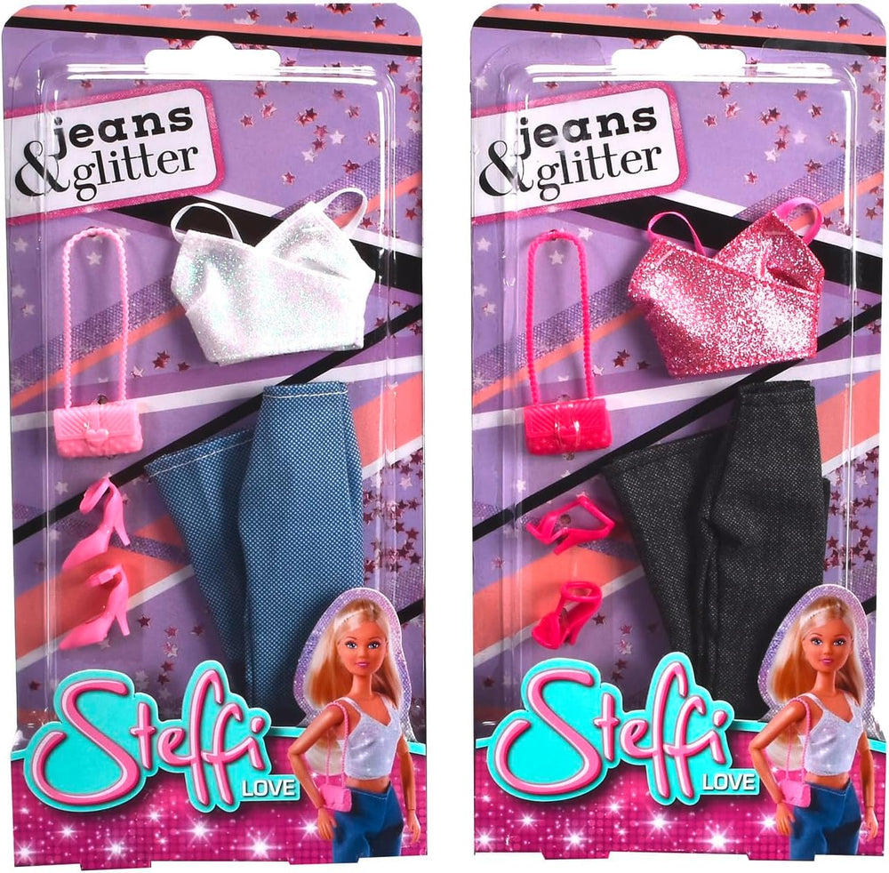 Simba Steffi Love Jeans & Glitter, asortat în 2 moduri, este inclus UN singur articol, top cu sclipici cu blugi și accesorii la modă, pentru păpuși de 29 cm, păpușa nu este inclusă, vârste 3+