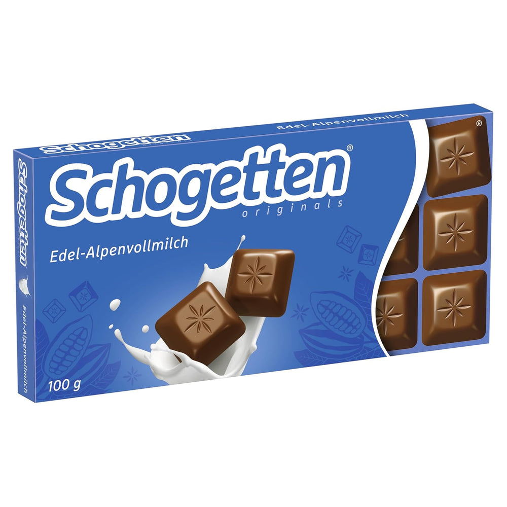 Schogetten Premium Alpine milk chocolate bar, 100g, individually portioned. A delight. Piece by piece.