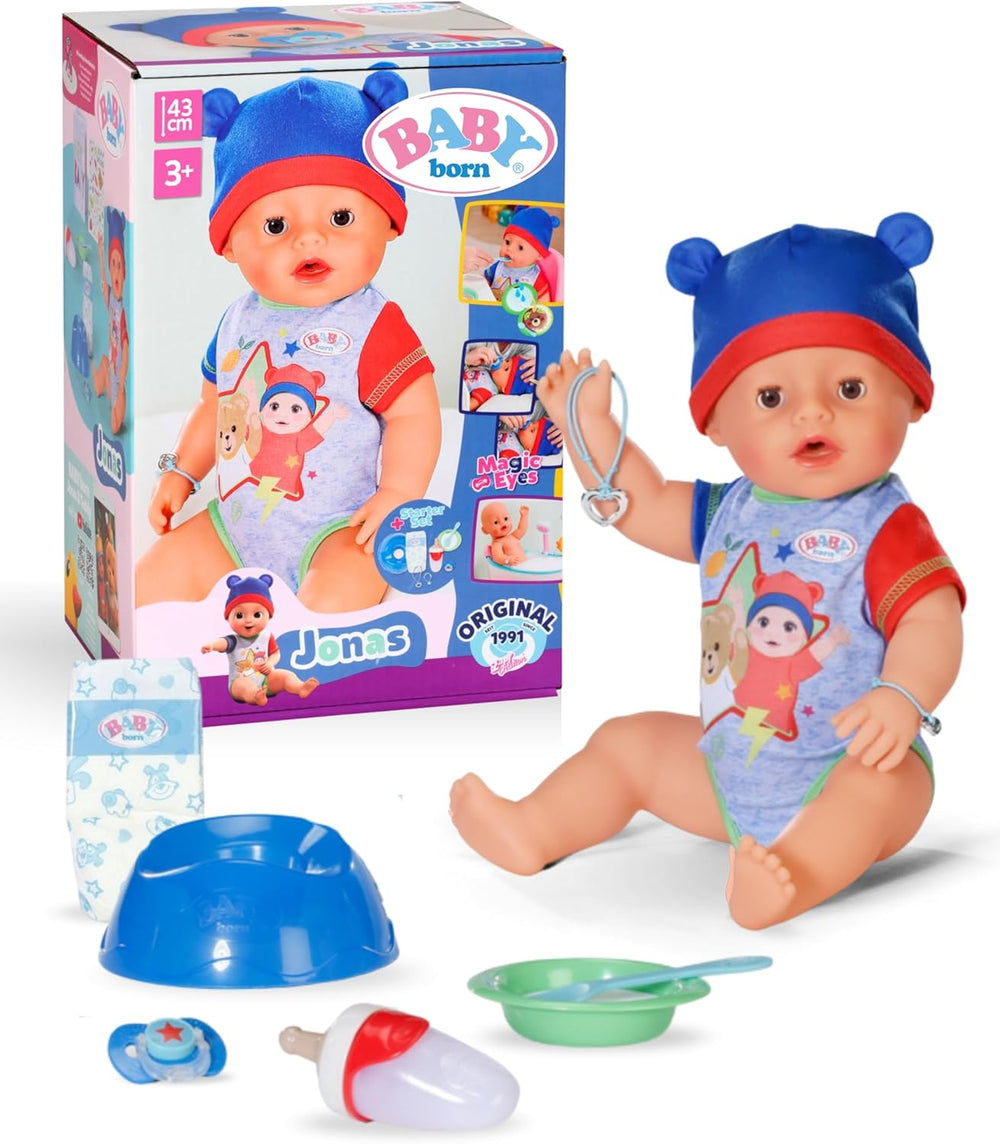 BABY Born Jonas - păpușă bebeluș 43 cm - 10 funcții, inclusiv accesorii și saltea - Funcționează complet fără baterii - Potrivit pentru copii cu vârsta de 3 ani și peste
