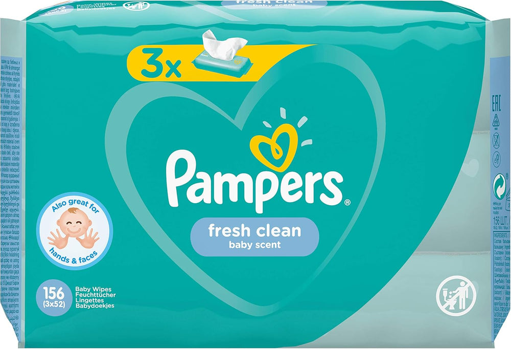 Pampers Fresh Clean Baby Wipes 81688041, 3x52 Pieces, (Baby Wipes, Plastic Bag, Girl/Boy, Turquoise, White, Germany, 896.7g)
