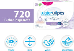 WaterWipes Sensitive+ Soothing Clean Wet Wipes, 720 Count (12 Pack), 3-in-1 Cleansing, Care and Soothing, 99% Water with Plant Extract, Fragrance Free Baby Wet Wipes