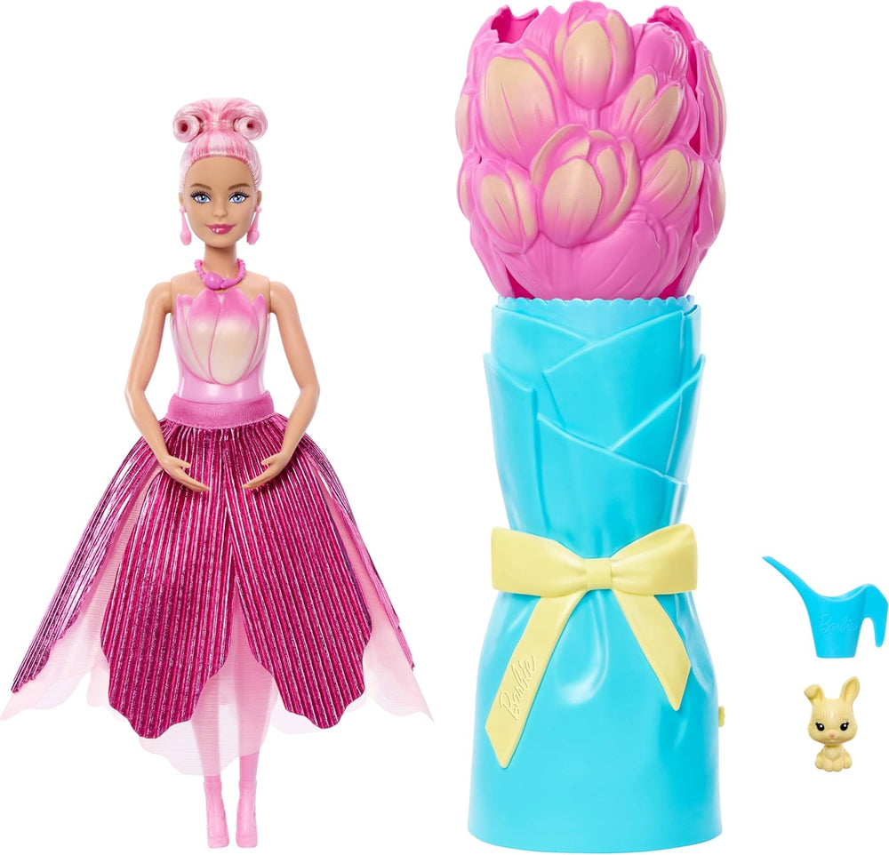 Barbie Petal Pop Duftende Puppe in rosa Tulpenkleid mit Zubehörteilen, Blumenstrauß-Überraschung mit Häschen und Überraschungen wie Einer Gießkanne, Halskette und Ohrringen, JMF57