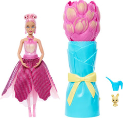 Barbie Petal Pop Duftende Puppe in rosa Tulpenkleid mit Zubehörteilen, Blumenstrauß-Überraschung mit Häschen und Überraschungen wie Einer Gießkanne, Halskette und Ohrringen, JMF57