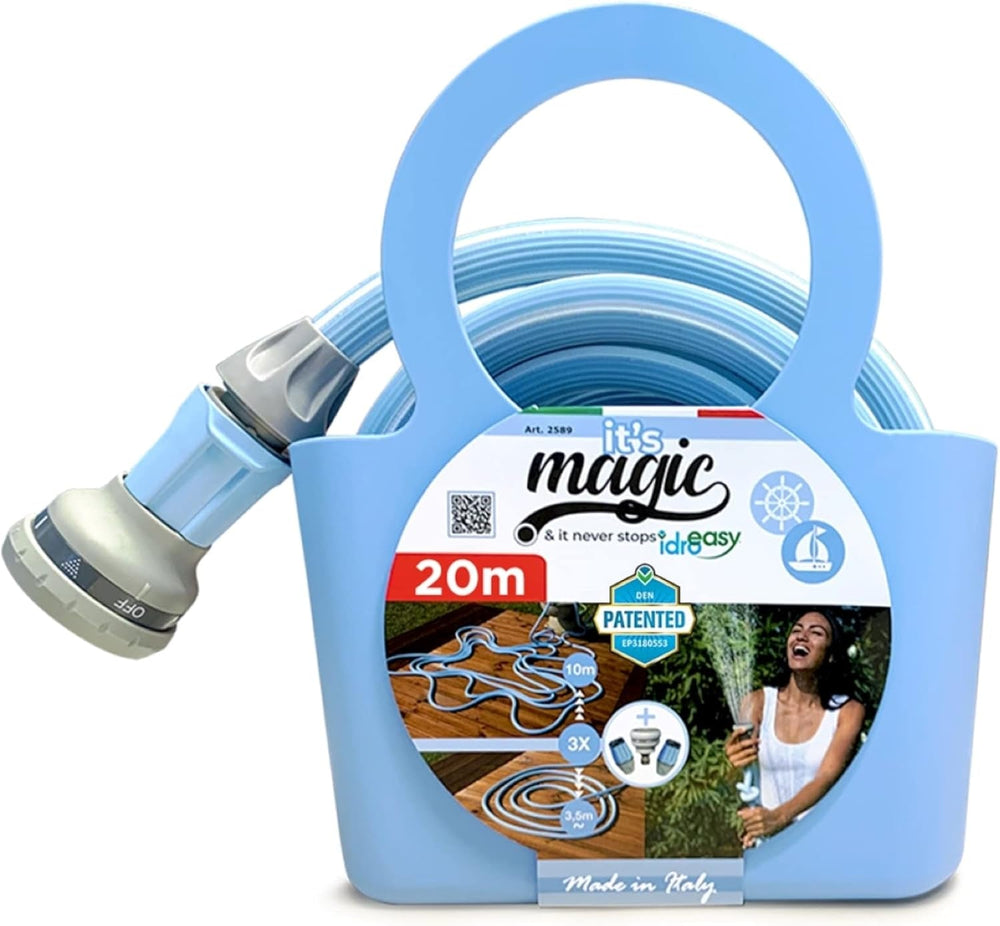 Furtun de grădină extensibil Magic Blue Hose, 20 de metri, cu sac și duză de pulverizare