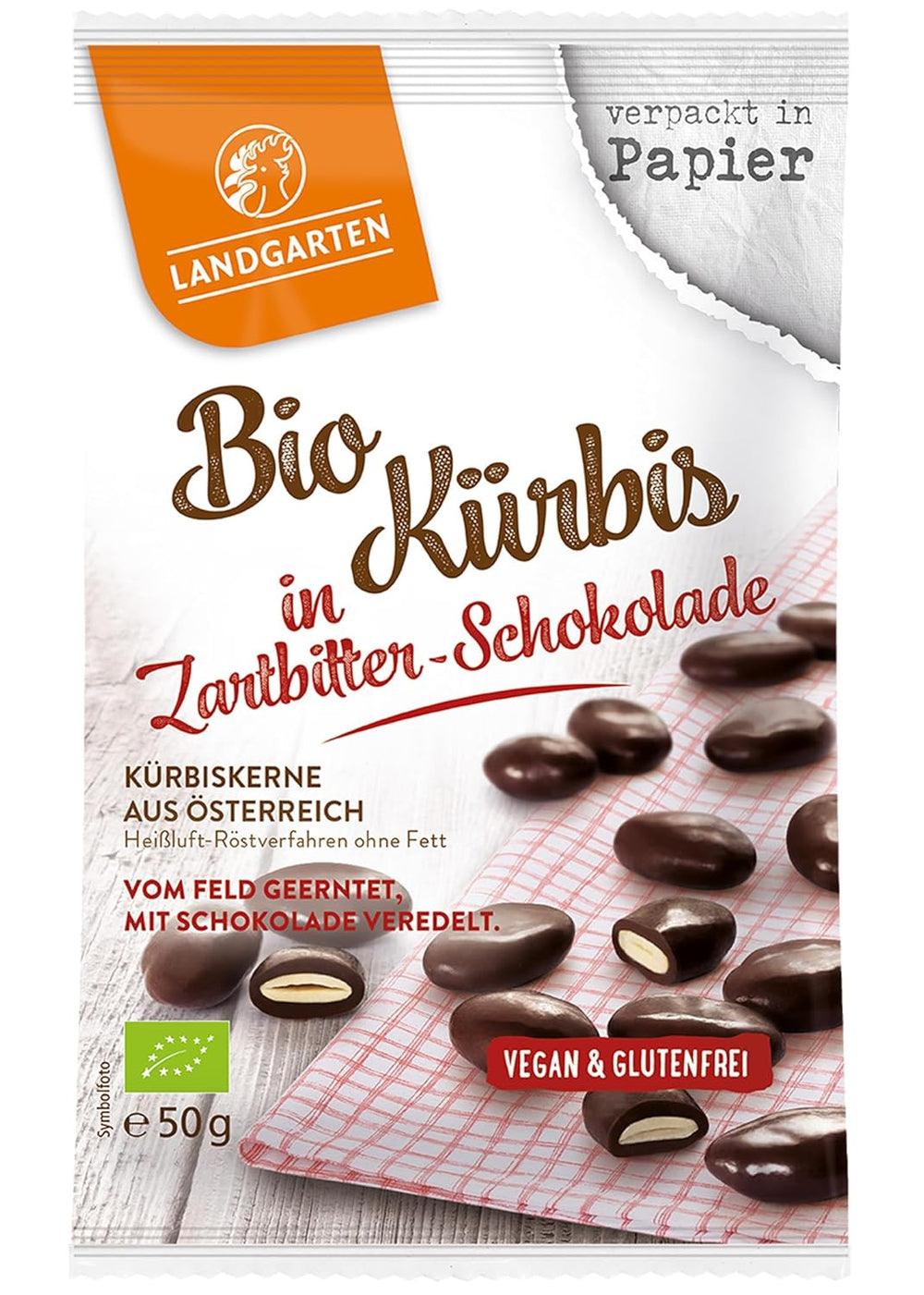 Landgarten Organic Pumpkin Seeds in Dark Chocolate - Vegan Roasted Pumpkin Seed Chocolate Snack - Source of Magnesium - 1 x 50g
