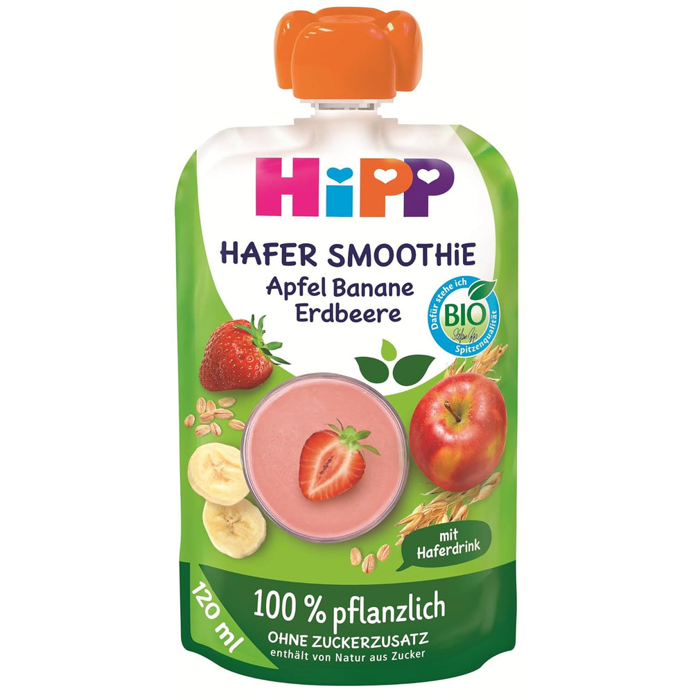 HiPP Bio Quetschie Hafer Smoothie Apfel Banana Erdbeere mit Haferdrink (6 x 120ml), ab 1 Jahr, 100% pflanzlich, ohne Zuckerzusatz, vegan, in bester Bio-Qualität