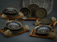 CreaTable, 23588, seria MANDALA GOLD - Negru, set de veselă cu 12 piese, set de farfurii din gresie, potrivit pentru mașina de spălat vase și cuptorul cu microunde, producție de calitate