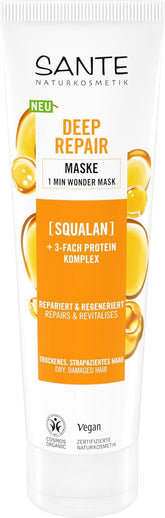 SANTE Natural Cosmetics Deep Repair Mask Squalane + complex proteic de 3 ori, mască de păr vegană pentru hidratare intensă și păr flexibil, repară și regenerează părul deteriorat, 150 ml Masca de par Naty Shop Titlu implicit