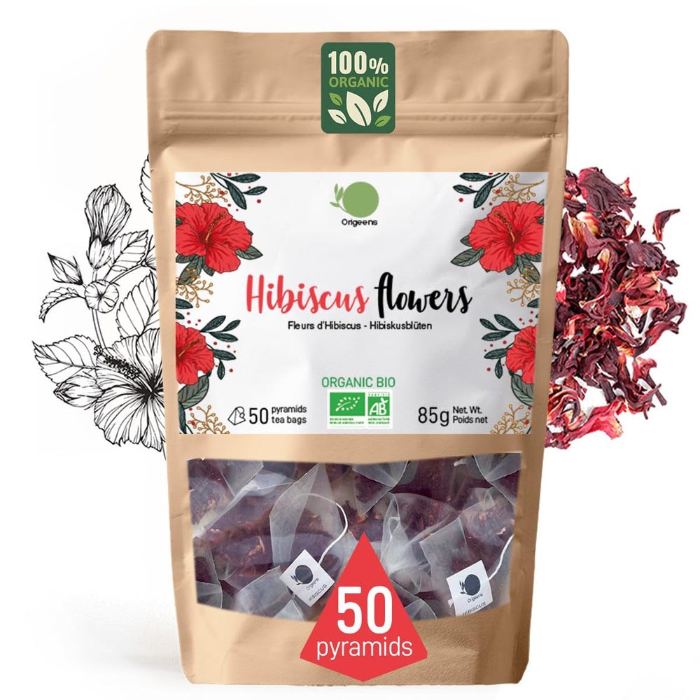 ORIGEENS CEAI DE HIBISCUS BIO Calitate premium - 50 pliculeÈe | Flori de hibiscus uscate bio pentru ceai, ceai de fructe, ceai rece, ceai karkade | Ceai de hibiscus pentru curÄ de detoxifiere Èi drenaj