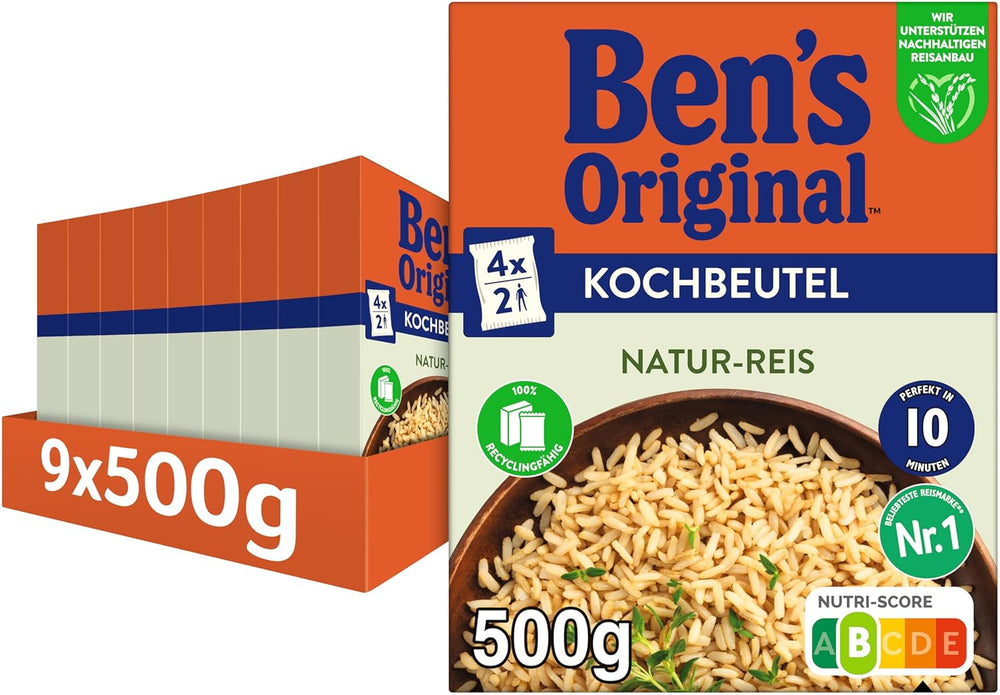 BEN'S ORIGINAL™ natural rice in a bag, 9 x 500 g