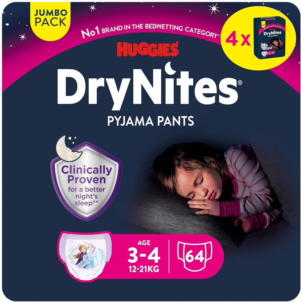Huggies DryNites Super Absorbent Nighttime Diapers for Girls 3-4 Years (12-21kg) 4 x 16 Count (64 Count Total) Monthly Panty Pack