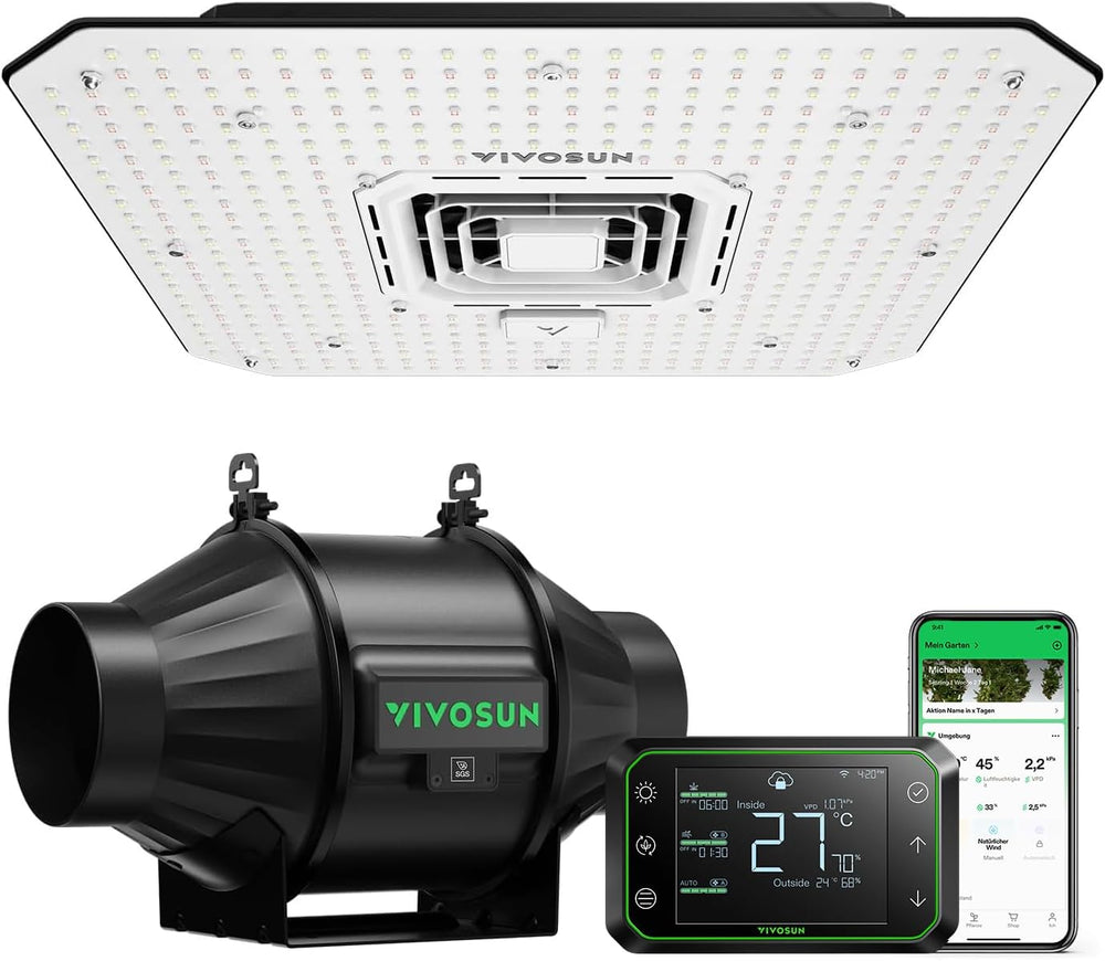 VIVOSUN Smart Grow System with 100W AeroLight A100SE LED Lamp with Integrated Circulation Fan, AeroZesh T4 100mm 357m³/h Duct Fan and GrowHub E42A Controller for Grow Tents and Indoor Cultivation
