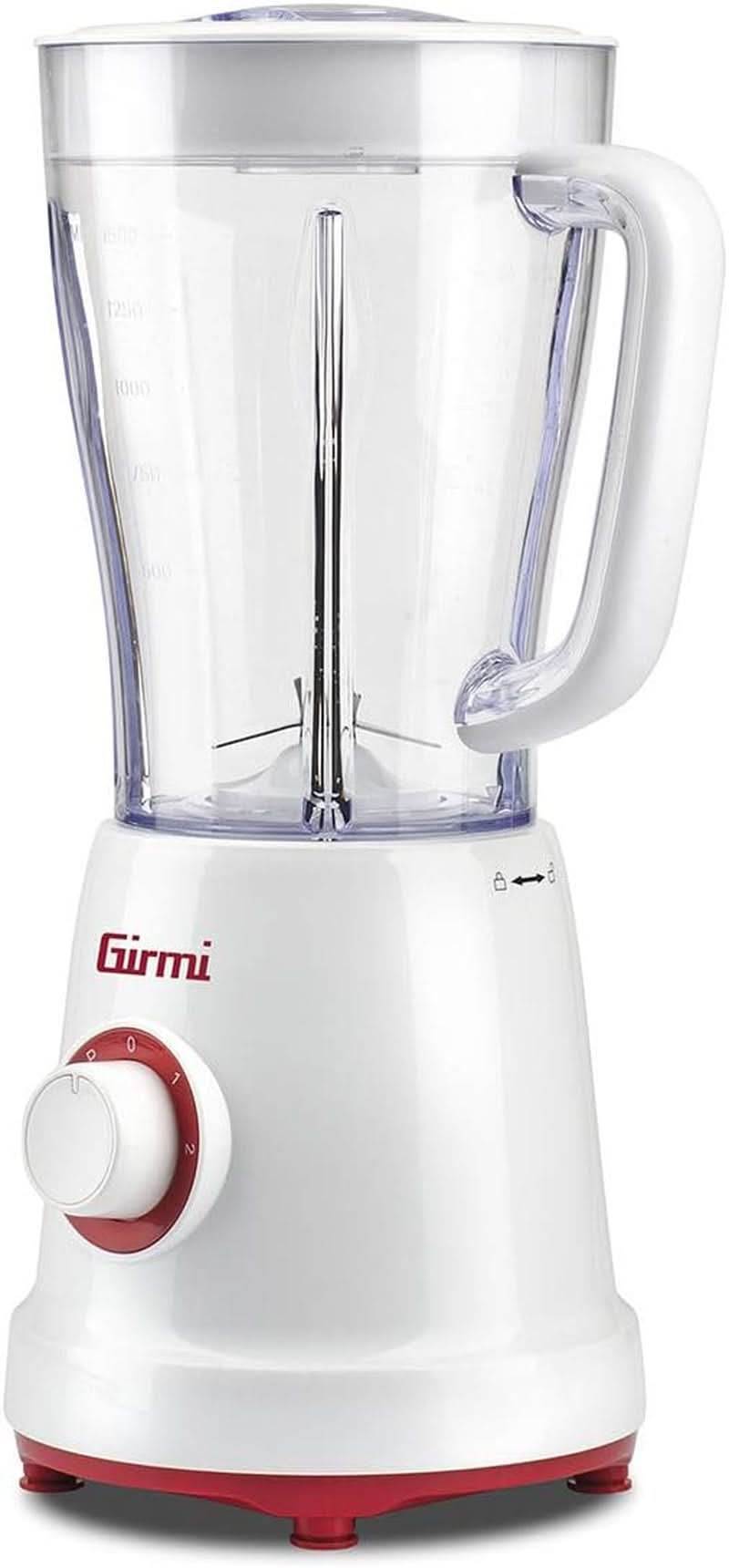 Girmi FR46 Elektrischer Mixer, 1,5 Liter, 2 Geschwindigkeiten Mit Pulse-Funktion, 4 Edelstahlklingen, Messbecherdeckel, Messbecher Mit Skala, Sicherheitseinrichtung, Weiß/Rot Bucatarie Naty Shop