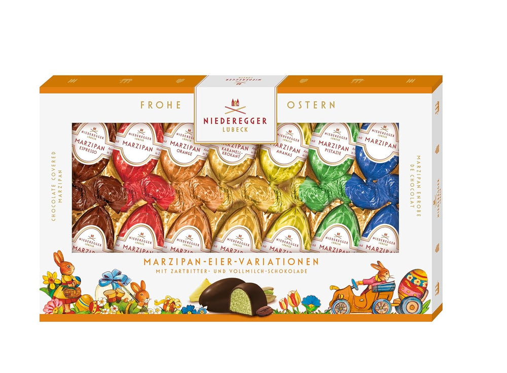 Niederegger | Marzipan eggs | 1 x 175g | Variants: Classic, Milk Chocolate, Orange, Caramel Crunch, Pineapple, Espresso and Pistachio | Covered in dark and milk chocolate | Easter gift