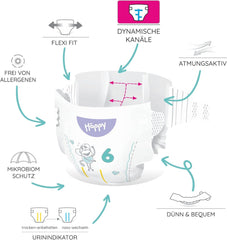 Bella Baby Happy Premium Diapers, Size 6, Junior Extra, 15+ kg, 96 pieces, DERMATEST and OEKO-TEX Seal, Disposable Baby Diapers