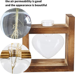 Wooden Stand Plant Terrarium, Heart Shape Tabletop Vase, Clear Glass Hydroponic Plants for Home Garden Decoration, Hydroponic Flower Decoration for Office, Living Room, Kitchen (A)