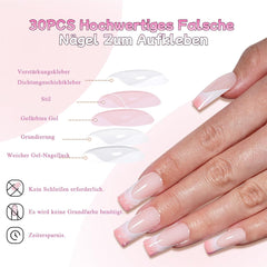 30 de bucÄÈi unghii false franÈuzeÈti - unghii artificiale pentru lipit - unghii cu gel moale pentru femei - unghii adezive acrilice, manichiurÄ pÄtratÄ (roz franÈuzesc)