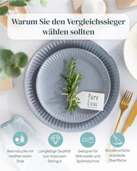 Set de veselă din gresie pentru 6 persoane, Hygge, 24 de piese. CÂȘTIGĂTOR AL TESTULUI, Set de veselă din gresie scandinavă Dreamy, set de boluri și farfurii, serviciu de cină pentru 6 persoane, seturi de veselă Pure Living în gri-albastru
