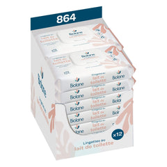 BIOLANE - Pack of 12 - Baby wet wipes with toilet milk - Babies - 864 Baby wet wipes - Cleanses and moisturizes - For sensitive skin - 98% natural origin - From birth
