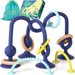 Inel de dentiție pentru bebeluși JUMBLE JANGLE: Jucărie de dentiție pentru bebeluși 3-24 luni | Set de 7 piese de jucării de mestecat fără BPA | Inel de dentiție din silicon răcoritor | Jucărie pentru copii mici cu ventuză pentru scaun înalt, masă și cadă