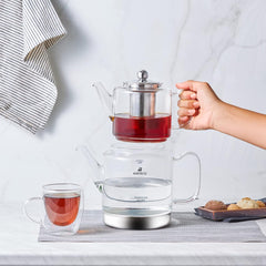 Set de ceainic din sticlă borosilicată Karaca Dora cu infuzor de ceai din oțel inoxidabil, fierbător de 2L și ceainic din sticlă de 1L cu infuzor, ceainic turcesc, Caydanlik, aparat de ceai turcesc pentru ceai din plante, ceai vrac, XL