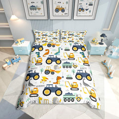 Jungen Cartoon Auto Bedtuchen Set 135X200,Kinder Bau Fahrzeuge Tröster Abdeckung Für Kind Kleinkind Teens,Dinosaurier Bettbezug,Traktor Maschinerie Bagger Bettdecke Abdeckung,Lkw Autos Bedtuchen Naty Shop Multi 15 135*200+80*80*1